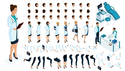 Isometric Constructor is a female doctor, surgeon with a set of gestures and emotions. Create your character. A set of accessories for the ultrasound study