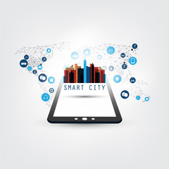 Smart City, Internet of Things Design Concept with Tablet PC and Icons - Digital Network Connections, Technology Background