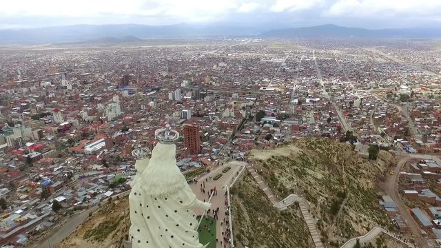 Virgen del Socavon tourist spot aerial drone view.  The Virgin of the Socav&oacute;n, is an invocation of the Virgin Mary that is venerated in the city of Oruro, Bolivia. Point of tourist interest in South A