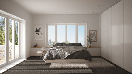 Scandinavian white and gray minimalist bedroom with panoramic window, fur carpet and herringbone parquet, modern architecture interior design