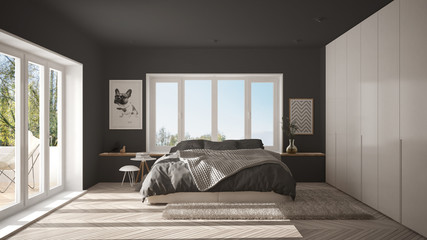 Scandinavian white and gray minimalist bedroom with panoramic window, fur carpet and herringbone parquet, modern architecture interior design