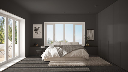 Scandinavian gray minimalist bedroom with panoramic window, fur carpet and herringbone parquet, modern architecture interior design