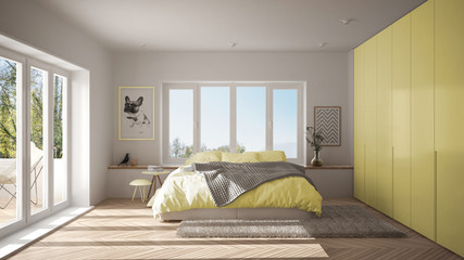 Scandinavian white and yellow minimalist bedroom with panoramic window, fur carpet and herringbone parquet, modern pastel architecture interior design