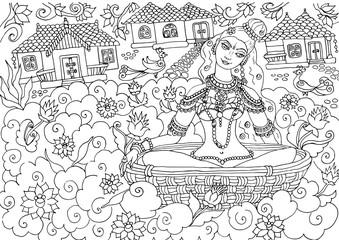 Fototapeta na wymiar Kerala mural style girl sitting in the lake, adult coloring book page outline. Coloring book India, indian woman.