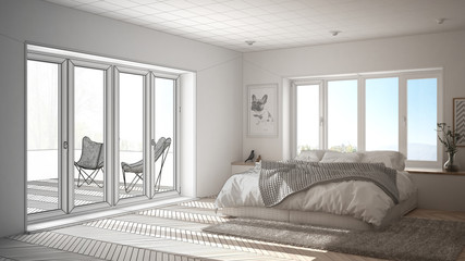 Unfinished project draft interior design, scandinavian white and green minimalist bedroom with panoramic window, fur carpet and herringbone parquet