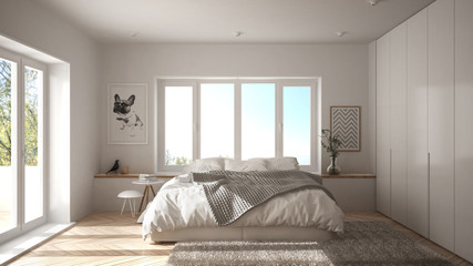 Scandinavian white minimalist bedroom with panoramic window, fur carpet and herringbone parquet, modern architecture interior design