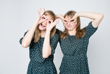 Beautiful two twins sisters together with funny emotions . Close-up beauty portrait