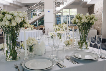 A very nicely decorated wedding table with plates, serviettes and signs. Scandinavian style. Sample and clean.