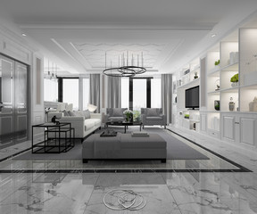 3d rendering white modern classic living room with marble tile and bookshelf