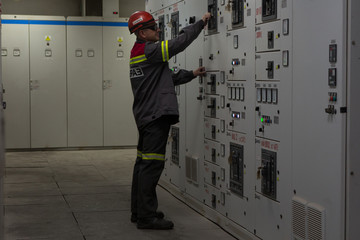 large electrical room. Control room of a extra large cargo ship