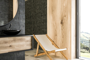 Black double bathroom sink side view concrete wood