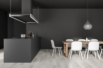 Wooden floor kitchen corner, gray island side view