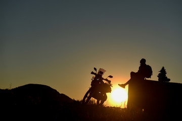 Fototapeta na wymiar motorbike adventure, long road experience and break time