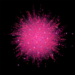 Abstract pink magenta dust cloud explosion. Glittering powder banner on dark background. Advertisement in a frame template.