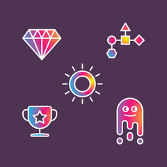 Vector icons colorful crystal, cup, sun and abstract geometric shapes on purple background.