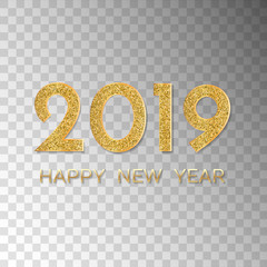 2019 Happy New Year. New Year 2019 isolated on transparent background. Golden numbers for design Christmas and New Year banner and cards.