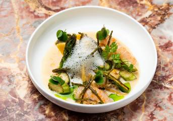 Fine dining, Fresh Prawns with asparagus