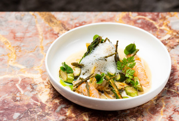 Fine dining, Fresh Prawns with asparagus