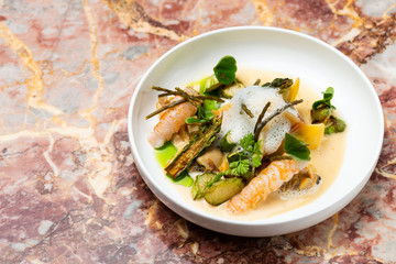 Fine dining, Fresh Prawns with asparagus