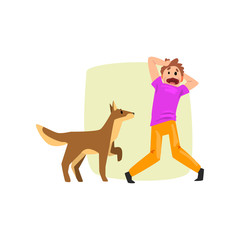 Man frightened by dog, guy suffering from cynophobia, human fear concept vector Illustration on a white background