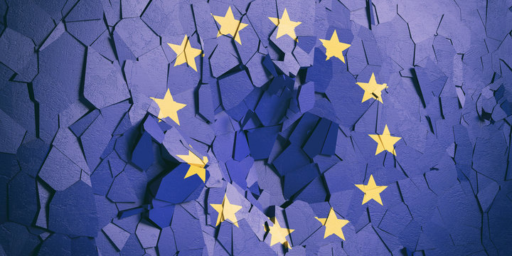 European Union flag on cracked wall background. 3d illustration