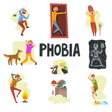 People suffering from various phobias set, arachnophobia, claustrophobia, musophobia, cynophobia, nyctophobia, pyrophobia, ailurophobia, acrophobia, hydrophobia vector Illustrations