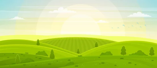 Fototapeten Sonnige ländliche Landschaft mit Hügeln und Feldern im Morgengrauen. Sommergrüne Hügel, Wiesen und Felder, blauer Himmel mit weißen Wolken. © Ramcreative