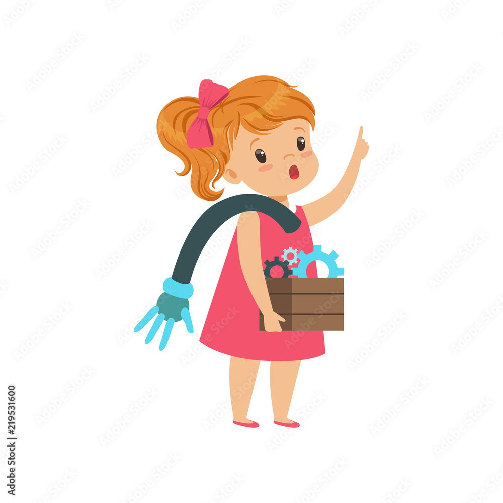 Poster little girl with robotic arm, kid programming and creating smart robot, educational project concept 