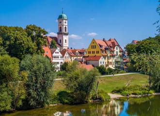 Landscape of  Regensburg colorful buildings at  Dunabe river.