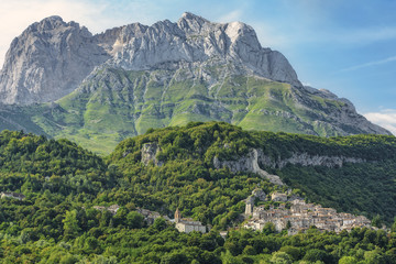 Pietracamela, an Old Town situated in the Monti della Laga - Gran Sasso - Italy  With Background of...
