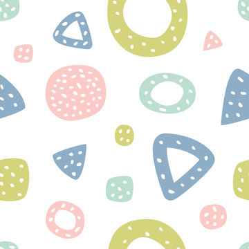 Fototapeta Childish seamless pattern with triangles and polka dots. Creative texture for fabric