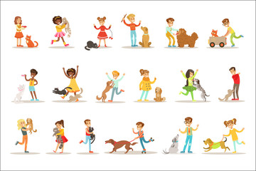 Fototapeta premium Children And Cats Illustrations Set With Kids Playing And Taking Care Of Pet Animals