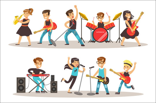 Children Musicians Performing On Stage On Talent Show Colorful Vector Illustration With Talented Schoolkids Concert
