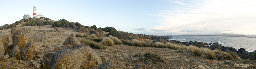Panoramic view of Low Head Lighthouse, Tasmania, Australia, showing the dry foreground with button...