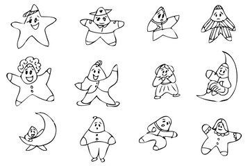 simple outline sketch star with various funny face