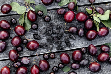 Fresh plums and prunes on wooden table background. Autumn harvest.