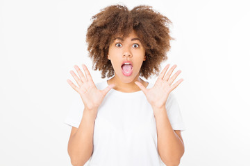 Happy young african american dark skin woman isolated on white background in tshirt clothes. Copy...