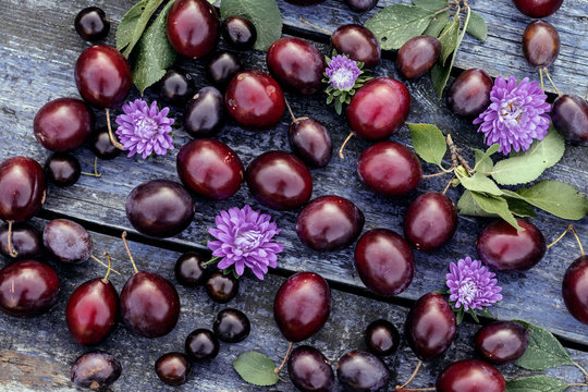 Fresh plums on wooden table background. Autumn harvest.