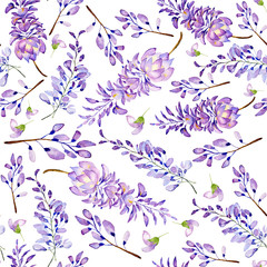 Watercolor seamless pattern of summer flowers and leaves on a light background.