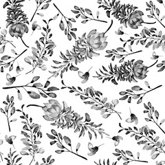 Watercolor seamless pattern of summer flowers and leaves on a light background.