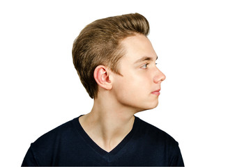 Portrait of young guy with pompadour hairstyle, isolated on white background. Side view.