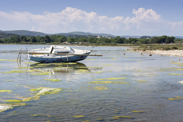 07/15/2017 Thau France. Boats lying at low tide on Thau pond in France