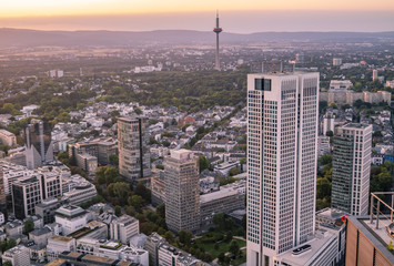 Aerial of the financial district in Frankfurt, Germany - Europe