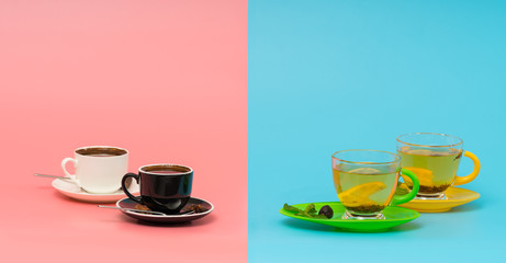 Two cups of espresso coffee and two of green tea