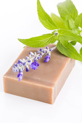 Handmade lavender soap on white background