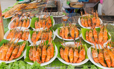 barbecue shrimp on street food in Thailand