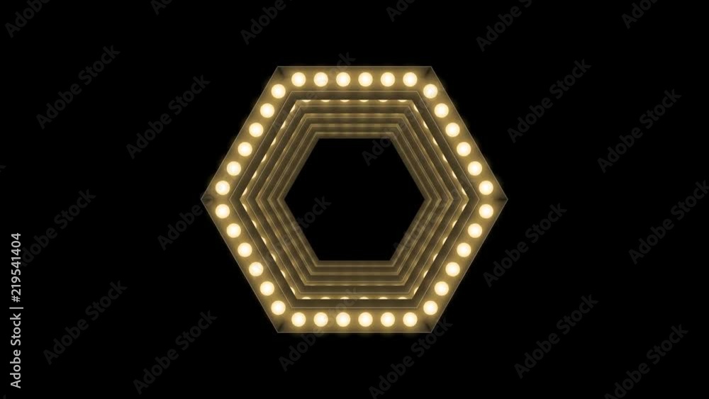 Poster tunnel incandescent light bulb box frame hexagon shape moving pattern, retro 3d virtual style illust