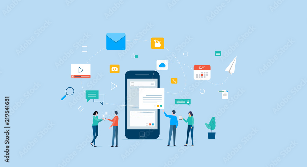 Aufkleber business team working  for mobile application development and design process concept 