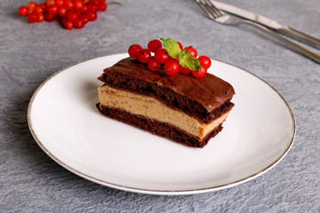 Chocolate cake slice with red currants