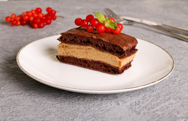 Chocolate cake slice with red currants